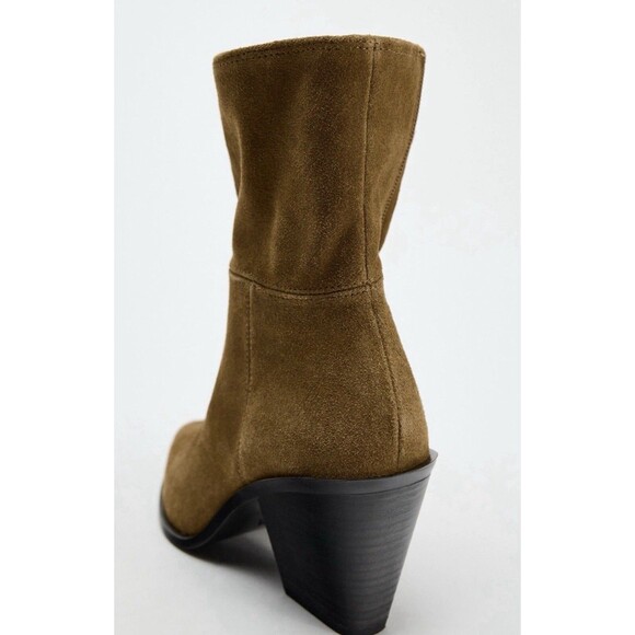 Zara Brown Split Suede Leather Cowboy Ankle Boots Pointed Toe Women US 8 EUR 39 - Picture 3 of 15
